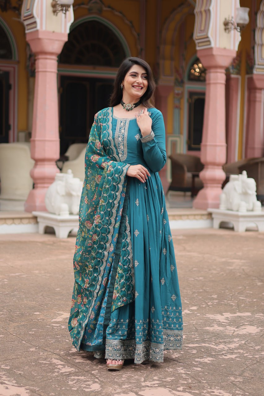 Stunning Chinon Gown with Kalamkari Tebby Silk Dupatta