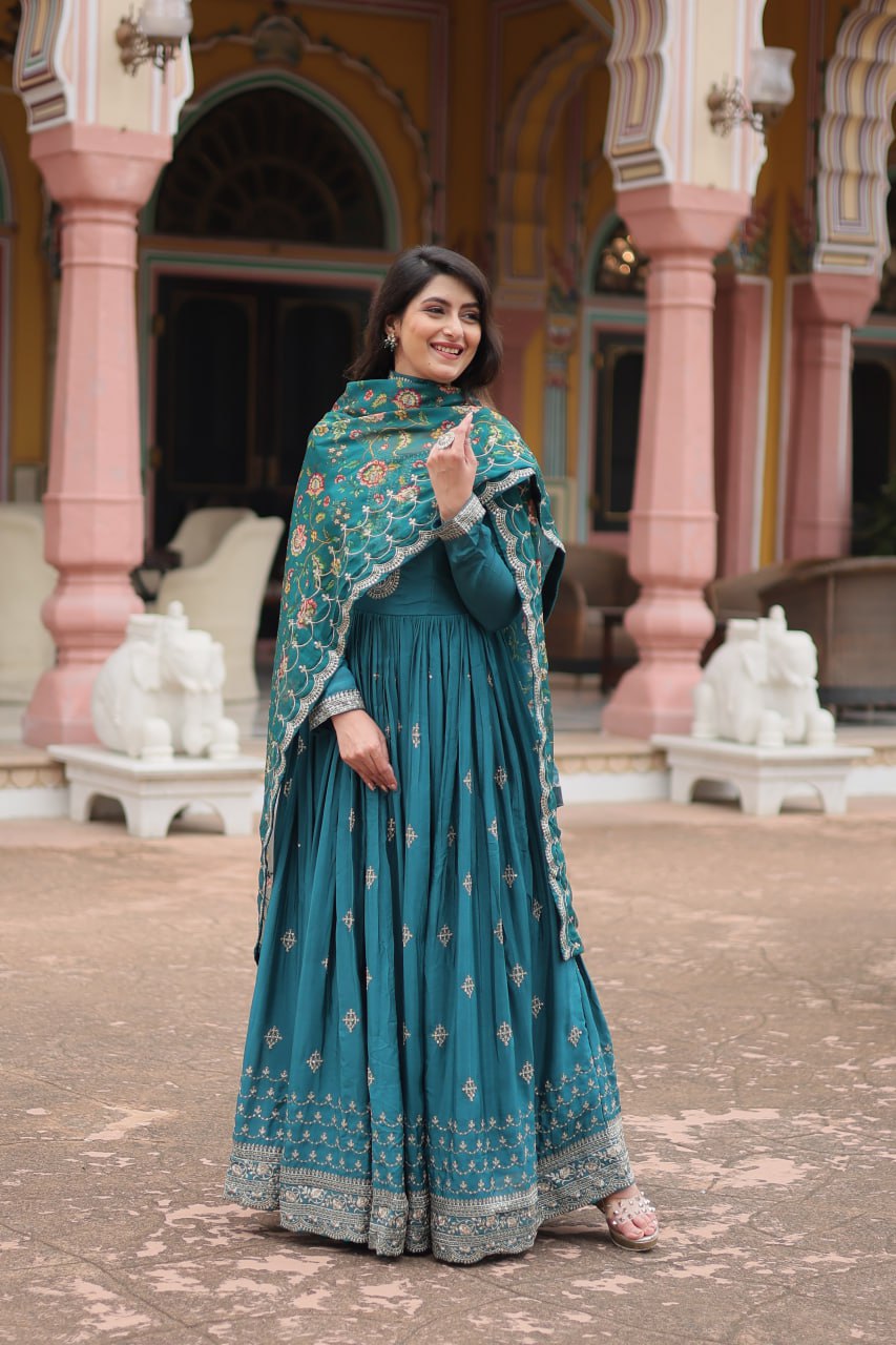 Stunning Chinon Gown with Kalamkari Tebby Silk Dupatta