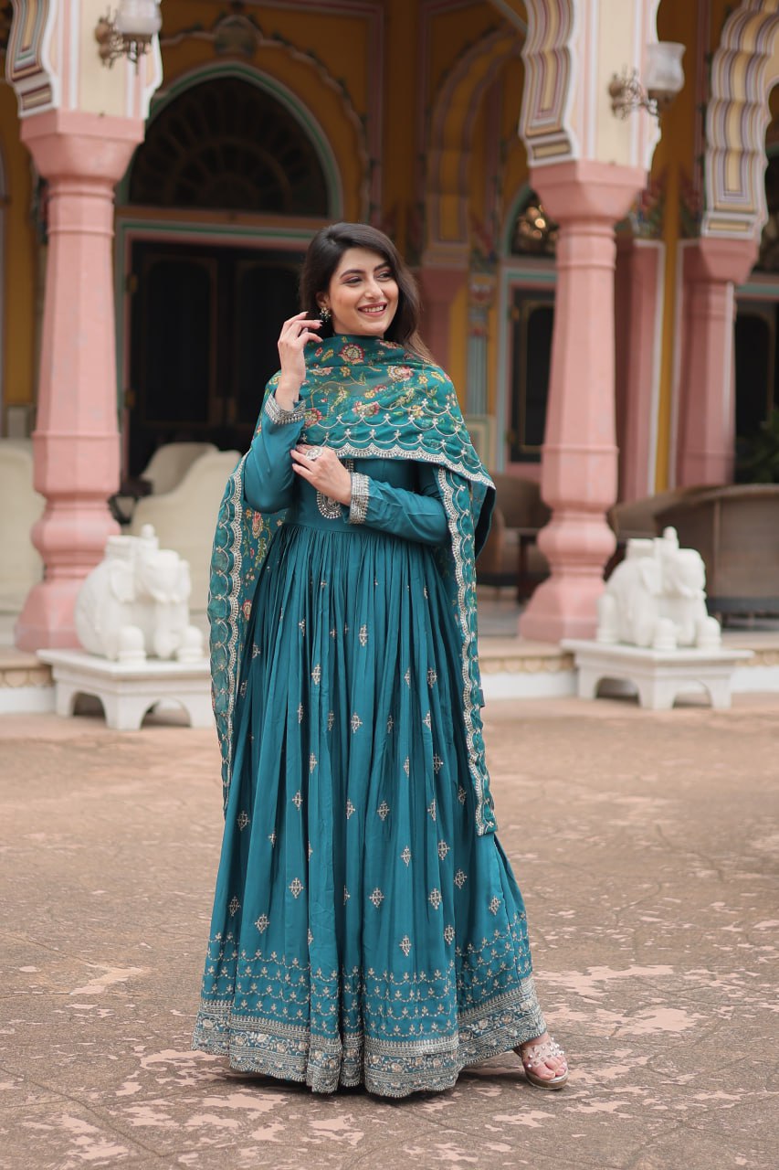 Stunning Chinon Gown with Kalamkari Tebby Silk Dupatta