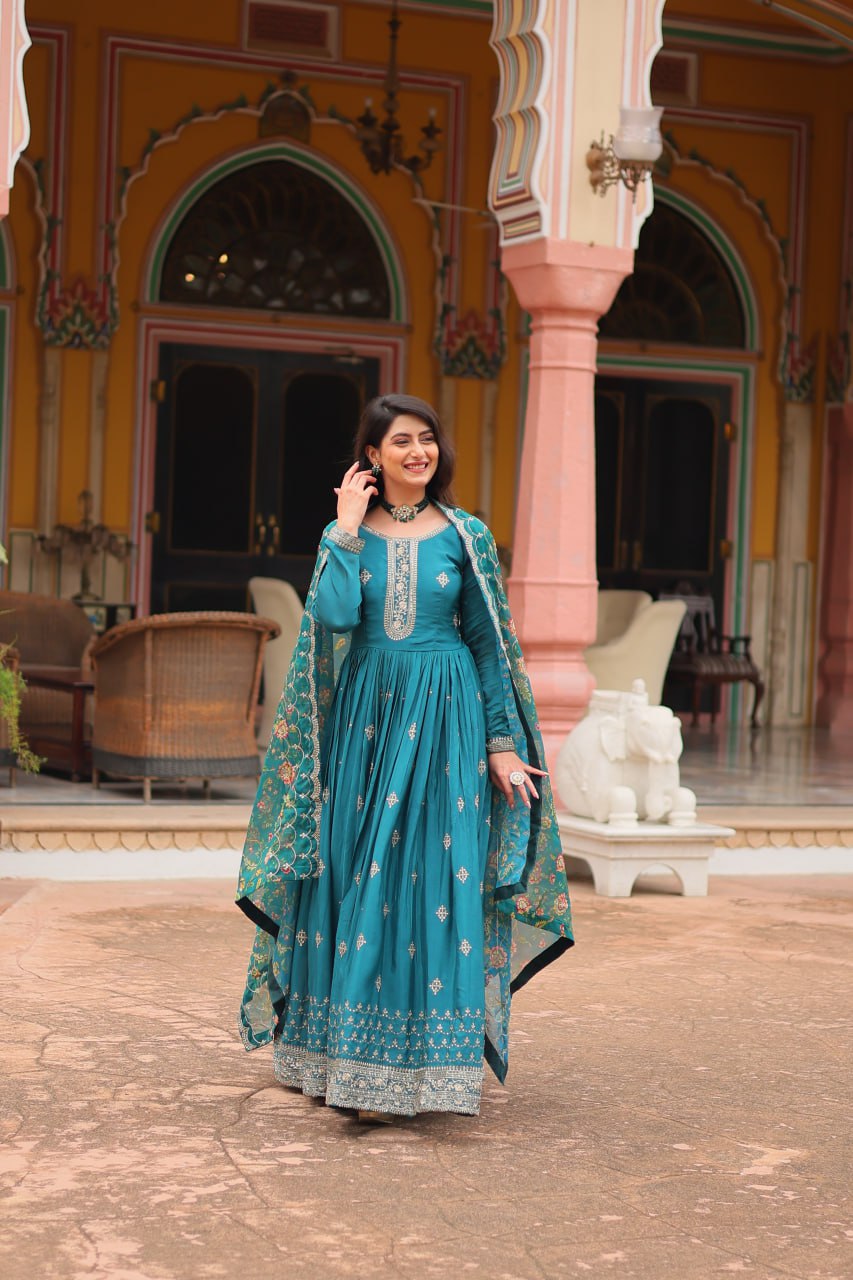 Stunning Chinon Gown with Kalamkari Tebby Silk Dupatta