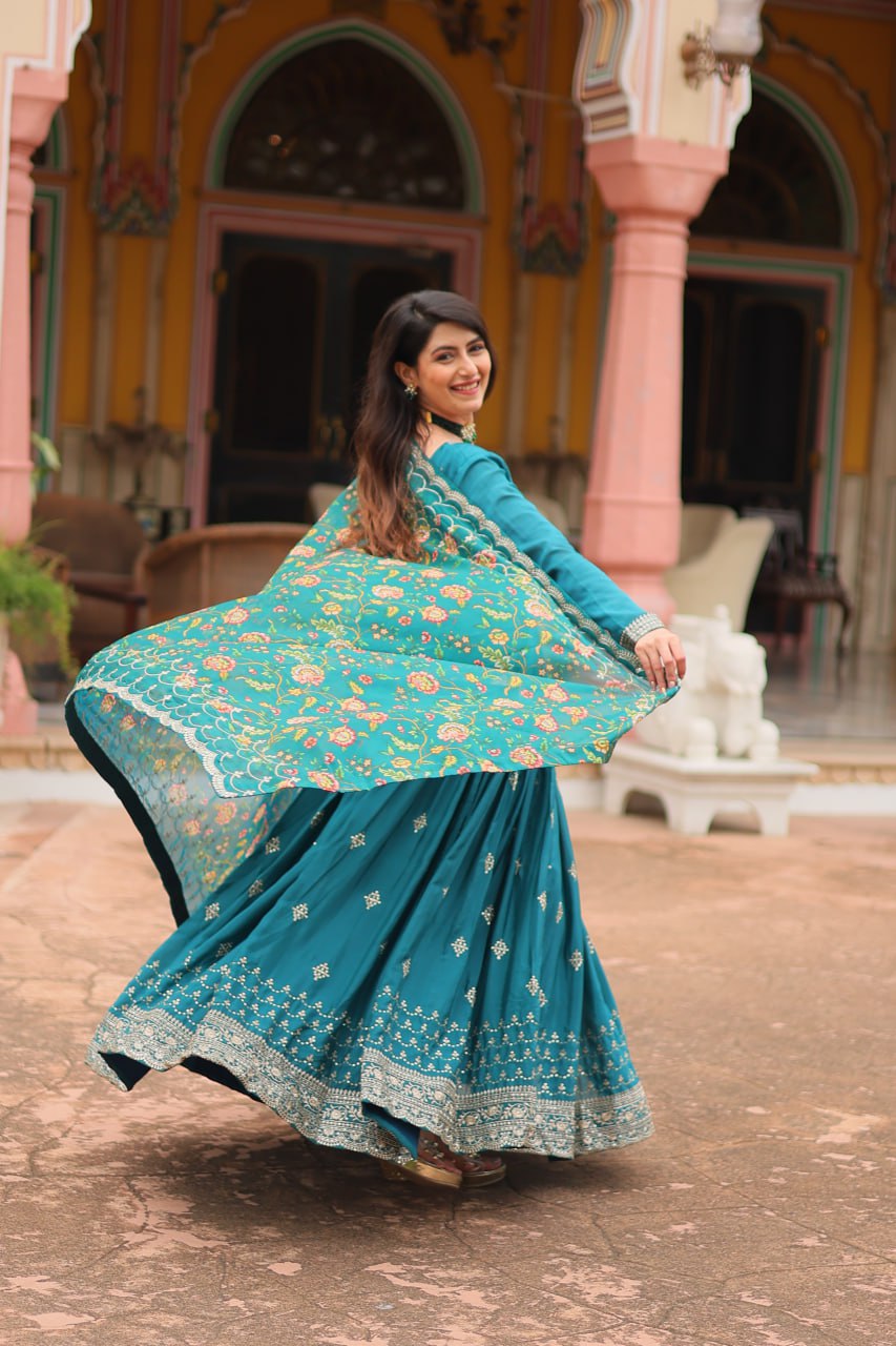 Stunning Chinon Gown with Kalamkari Tebby Silk Dupatta