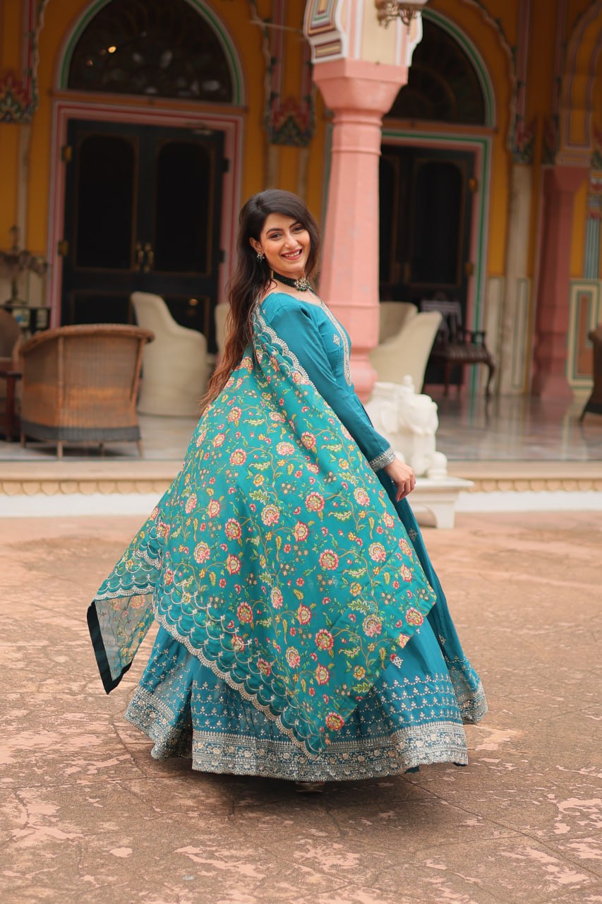 Stunning Chinon Gown with Kalamkari Tebby Silk Dupatta