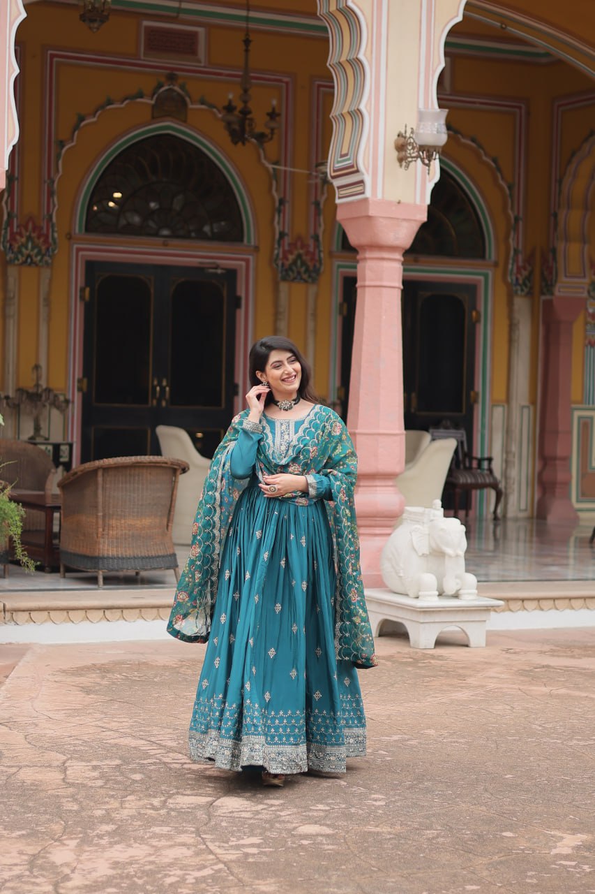 Stunning Chinon Gown with Kalamkari Tebby Silk Dupatta