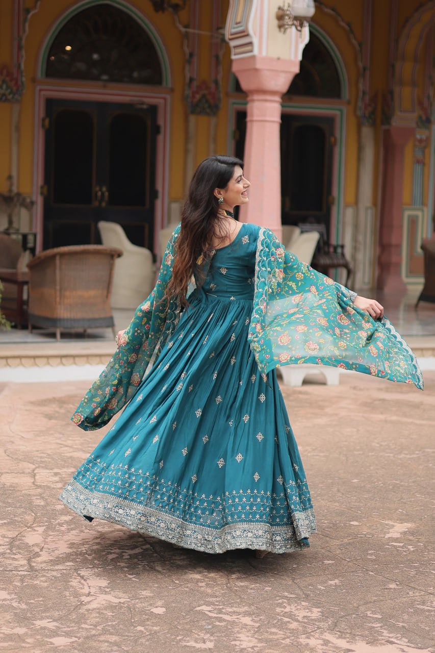 Stunning Chinon Gown with Kalamkari Tebby Silk Dupatta