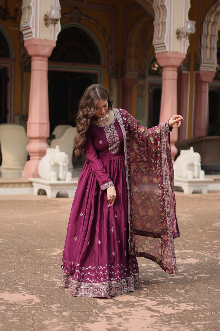 Stunning Chinon Gown with Kalamkari Tebby Silk Dupatta