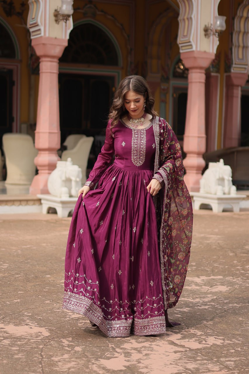 Stunning Chinon Gown with Kalamkari Tebby Silk Dupatta