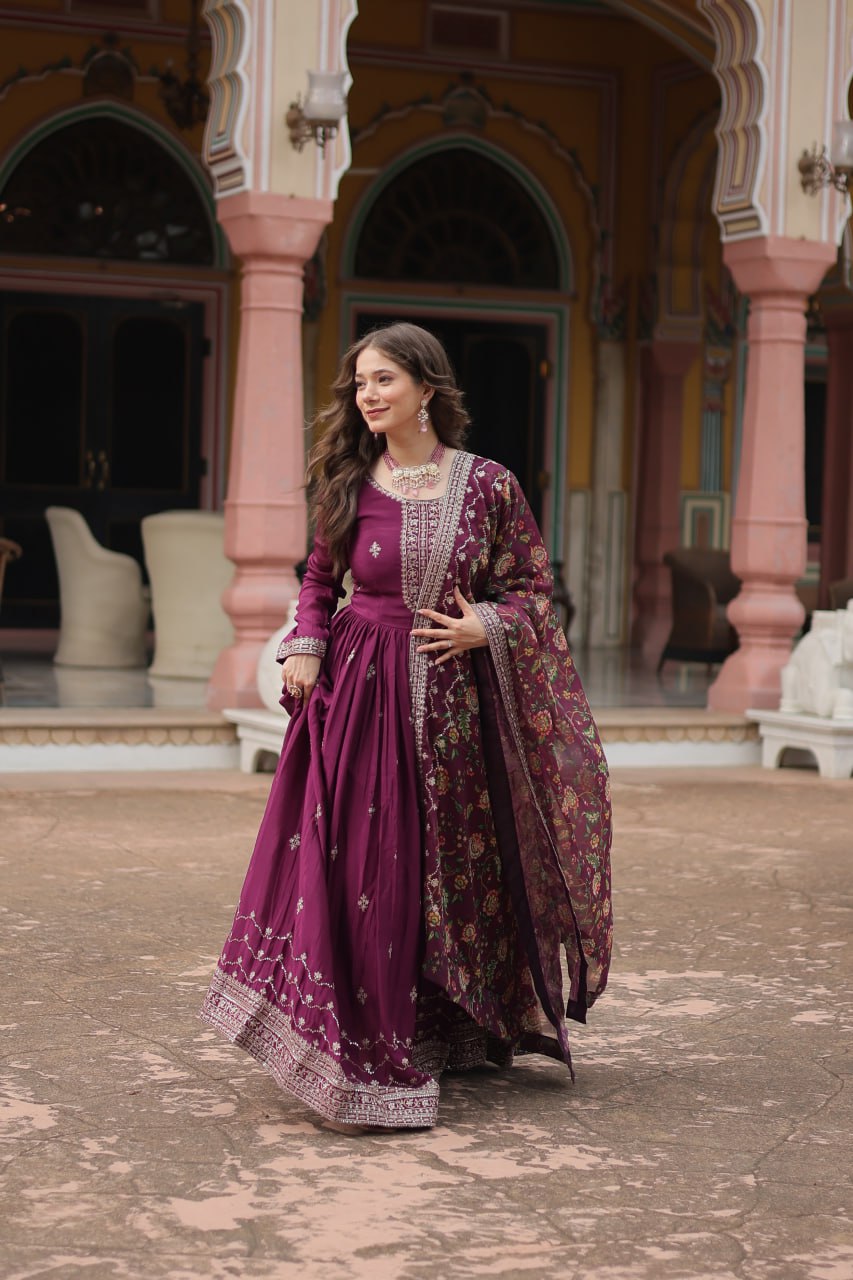 Stunning Chinon Gown with Kalamkari Tebby Silk Dupatta