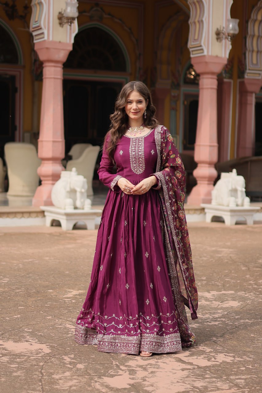 Stunning Chinon Gown with Kalamkari Tebby Silk Dupatta