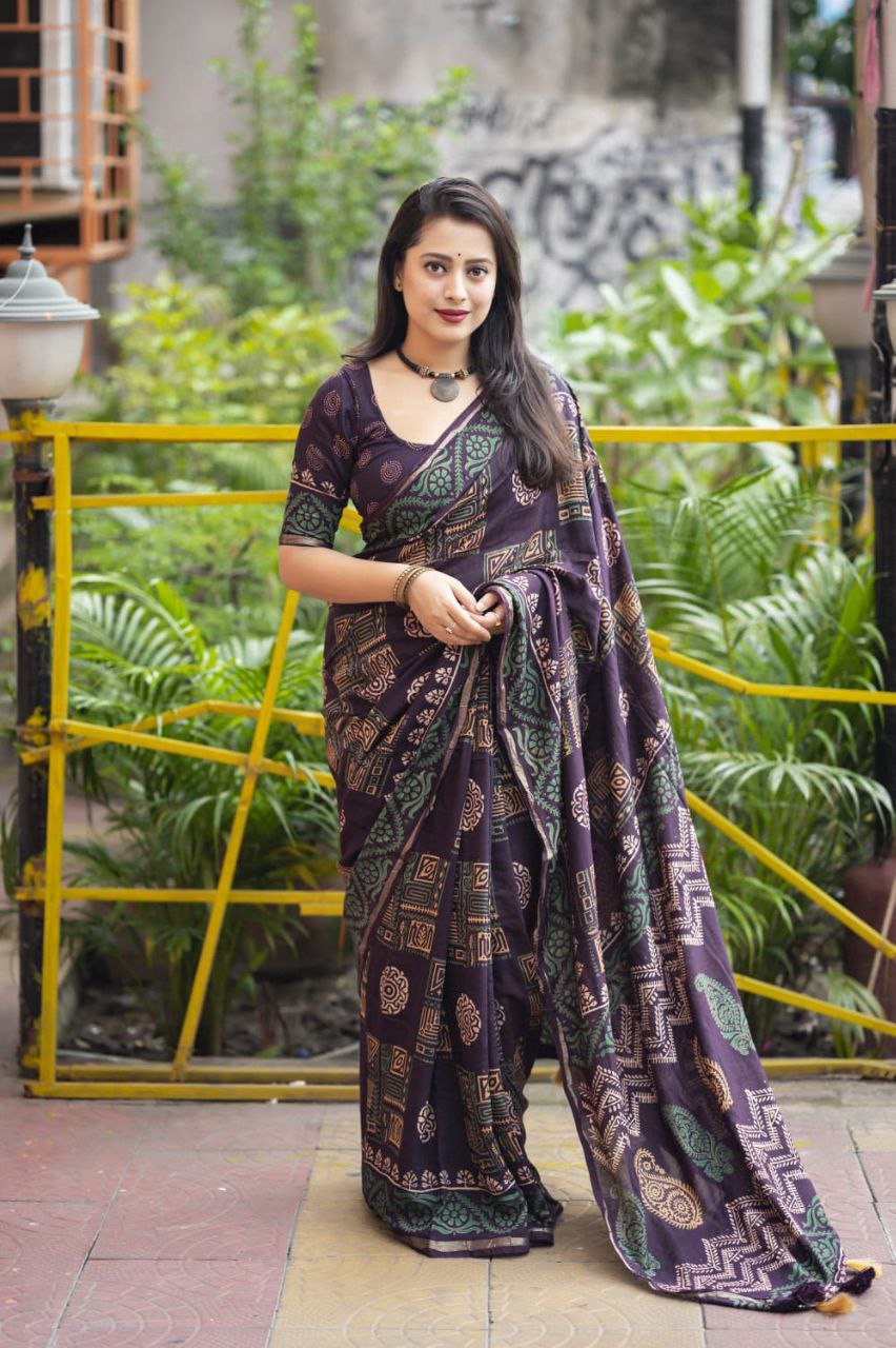 Premium Ajrakh Hand Block Zari Pattu Border Printed Chanderi Cotton Saree with Blouse