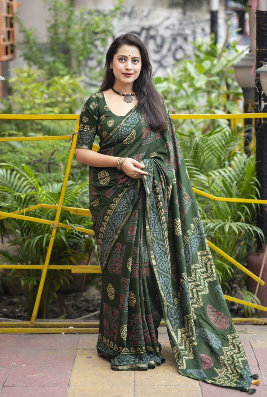 Premium Ajrakh Hand Block Zari Pattu Border Printed Chanderi Cotton Saree with Blouse