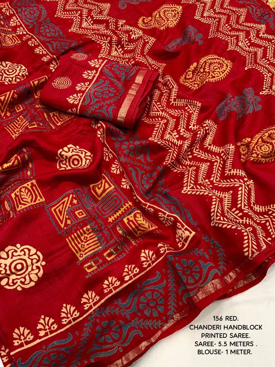 Premium Ajrakh Hand Block Zari Pattu Border Printed Chanderi Cotton Saree with Blouse