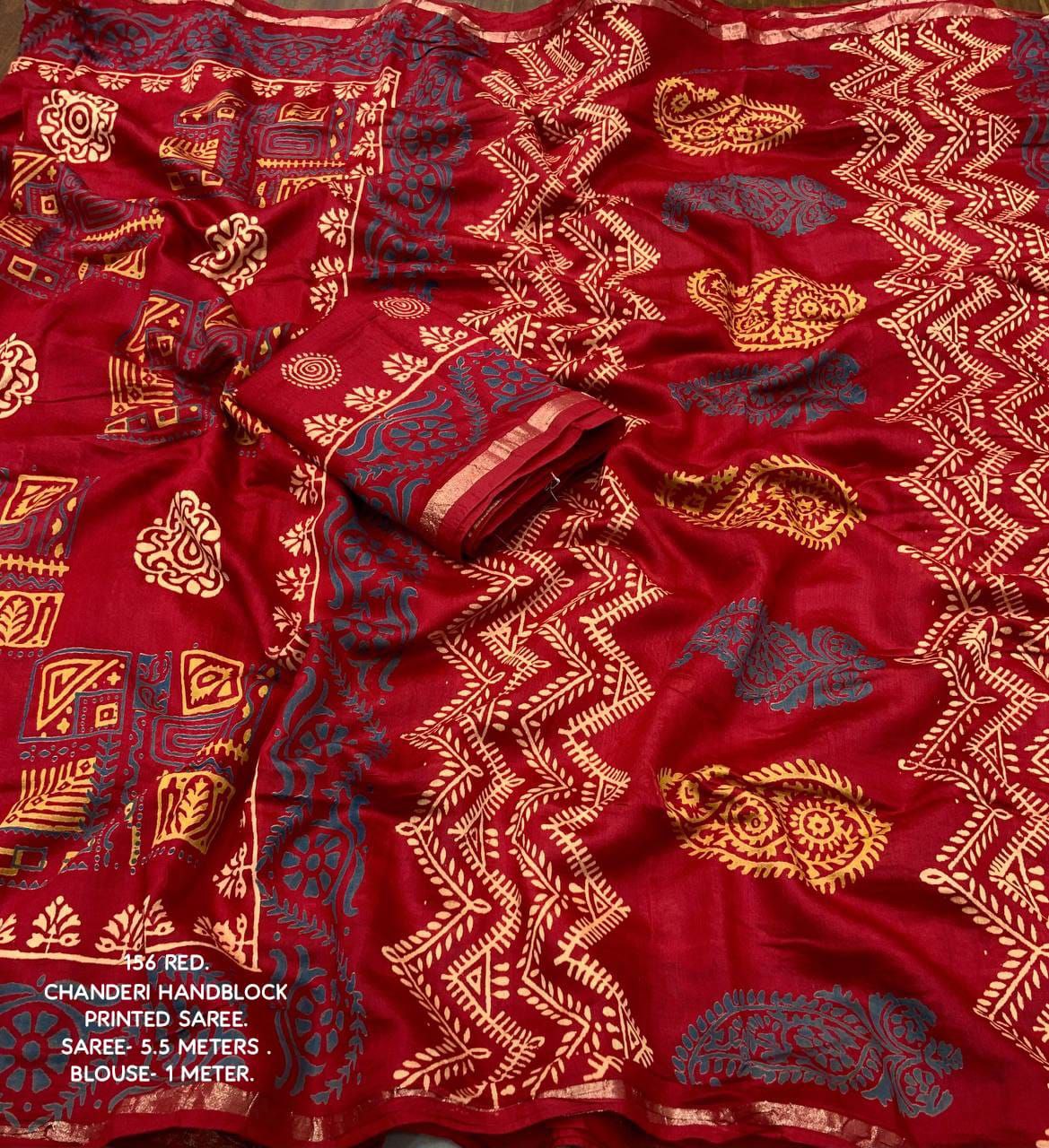 Premium Ajrakh Hand Block Zari Pattu Border Printed Chanderi Cotton Saree with Blouse