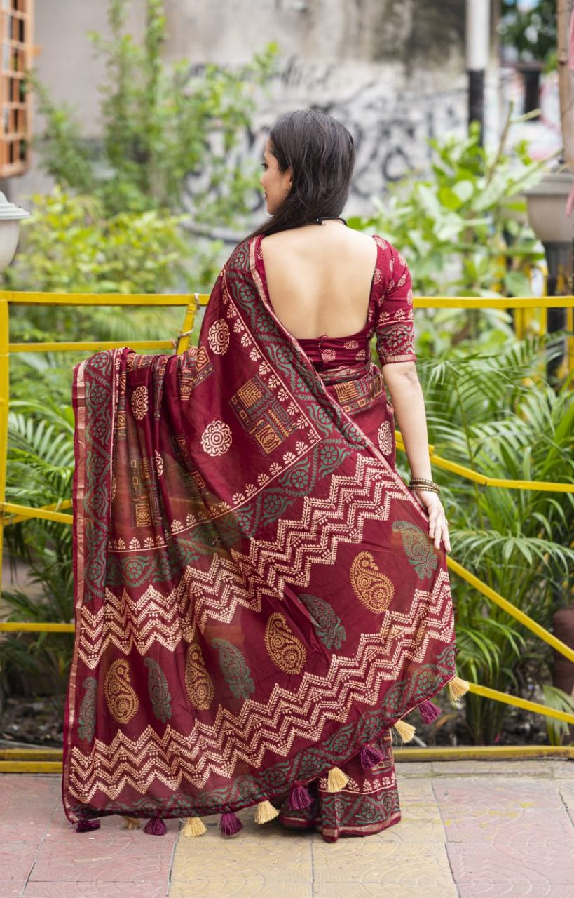 Premium Ajrakh Hand Block Zari Pattu Border Printed Chanderi Cotton Saree with Blouse