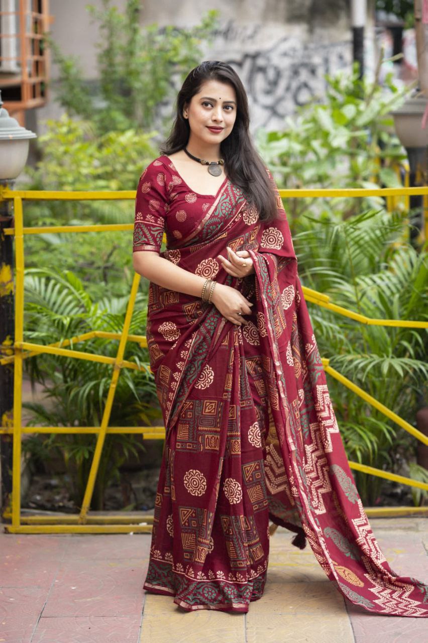 Premium Ajrakh Hand Block Zari Pattu Border Printed Chanderi Cotton Saree with Blouse