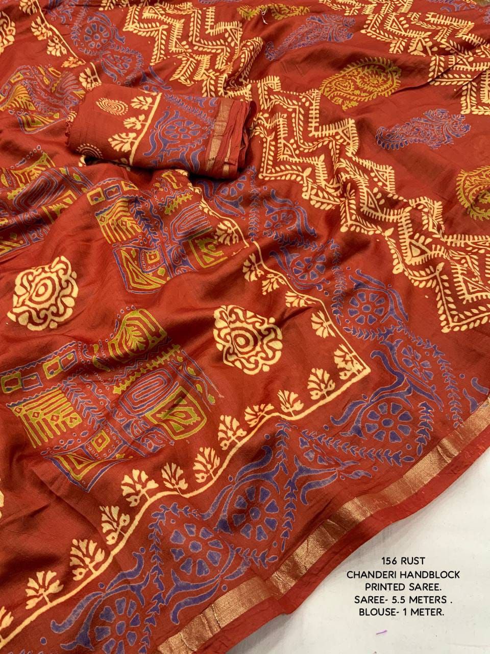 Premium Ajrakh Hand Block Zari Pattu Border Printed Chanderi Cotton Saree with Blouse