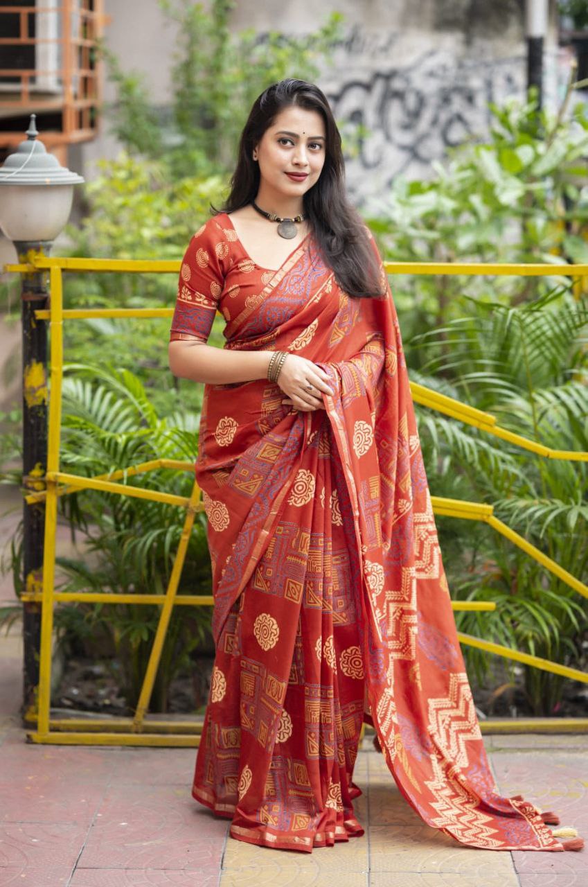 Premium Ajrakh Hand Block Zari Pattu Border Printed Chanderi Cotton Saree with Blouse