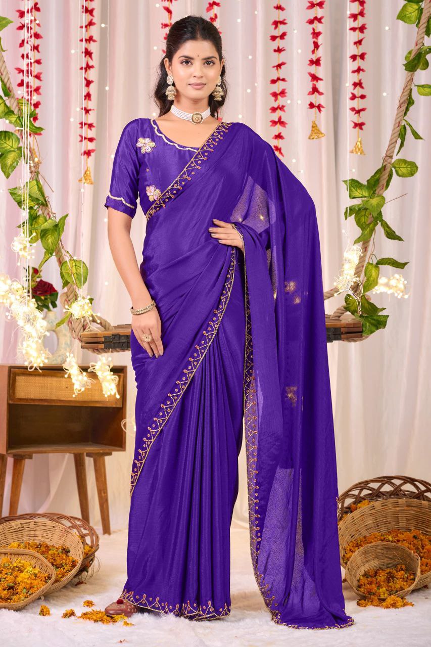 Soft Chinnon Silk Saree with Khatali Cutwork Border & Designer Blouse