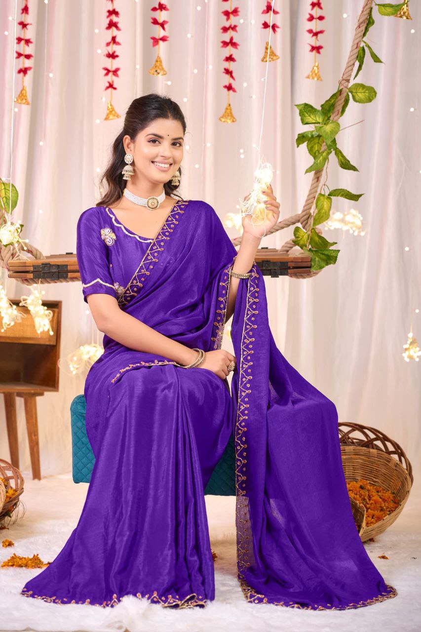 Soft Chinnon Silk Saree with Khatali Cutwork Border & Designer Blouse