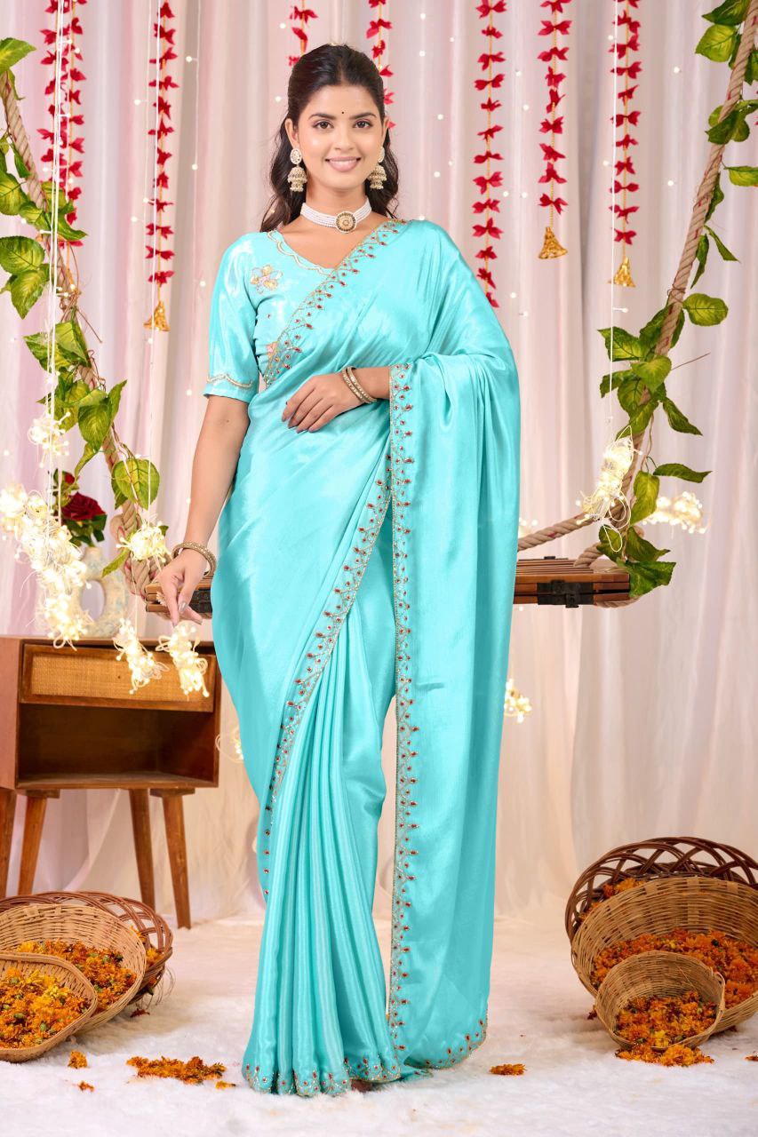 Soft Chinnon Silk Saree with Khatali Cutwork Border & Designer Blouse