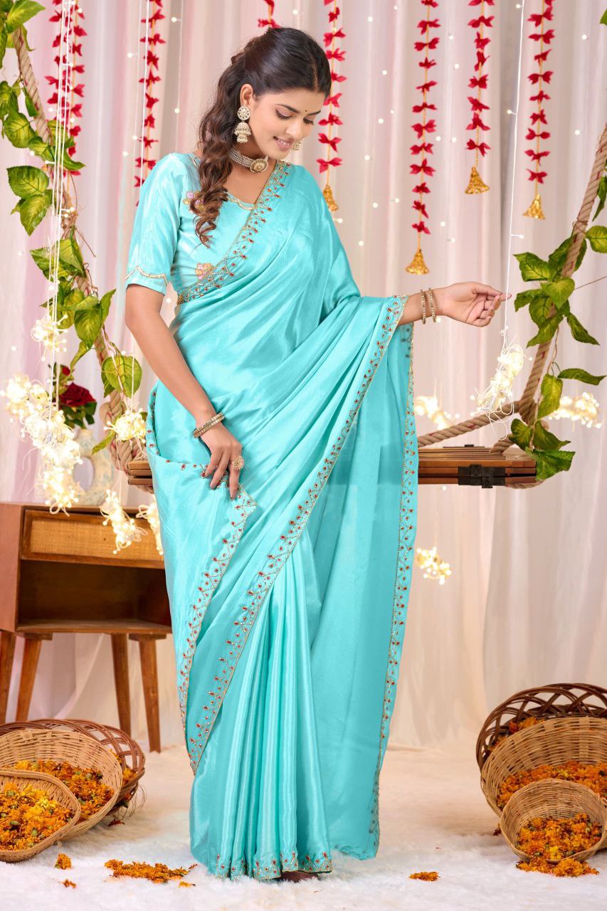 Soft Chinnon Silk Saree with Khatali Cutwork Border & Designer Blouse