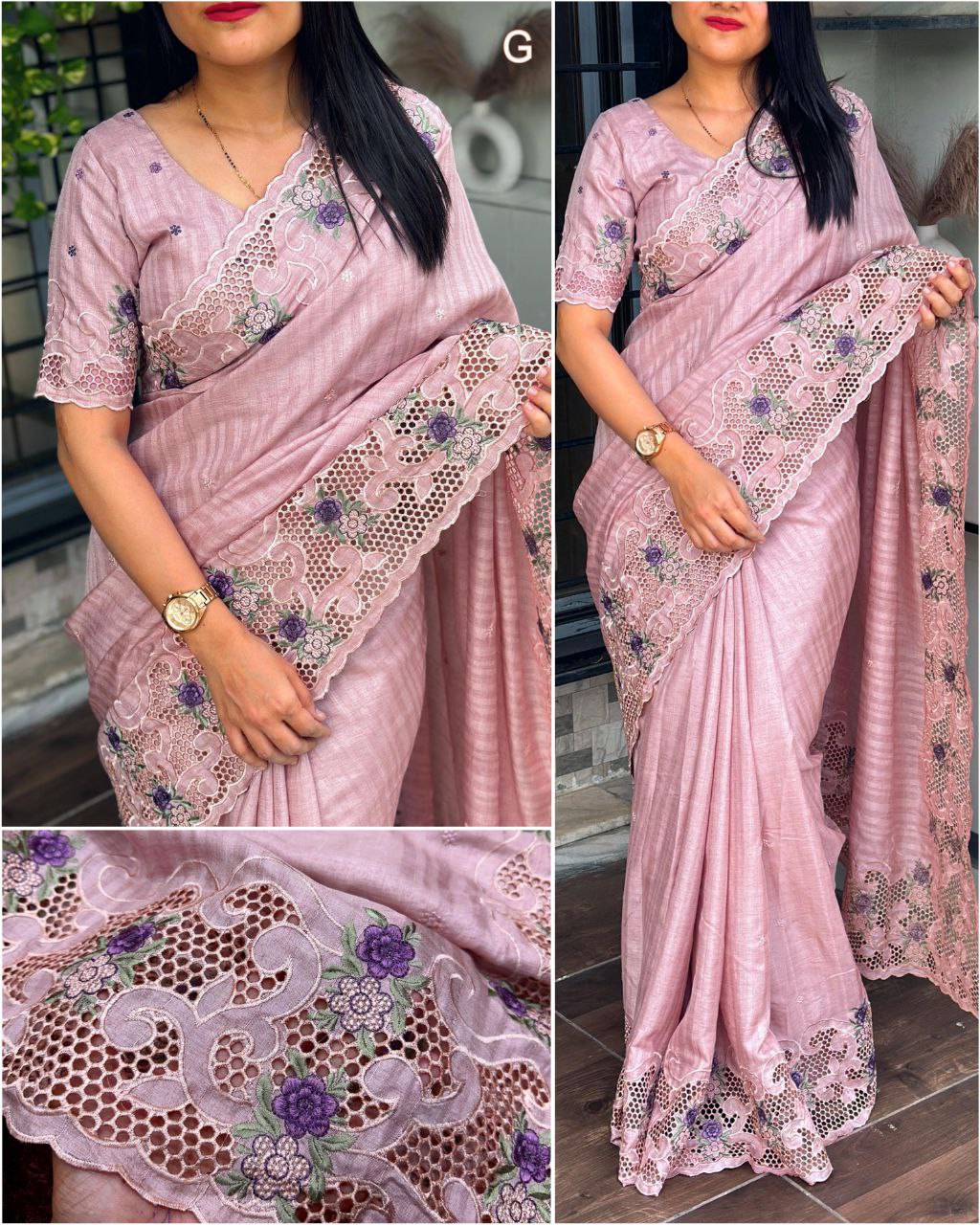 Multi-Thread Embroidery and Cutwork Tussar Cotton Saree with Blouse