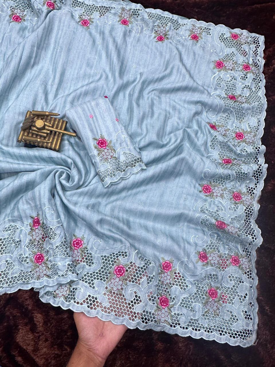 Multi-Thread Embroidery and Cutwork Tussar Cotton Saree with Blouse