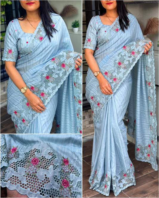 Multi-Thread Embroidery and Cutwork Tussar Cotton Saree with Blouse