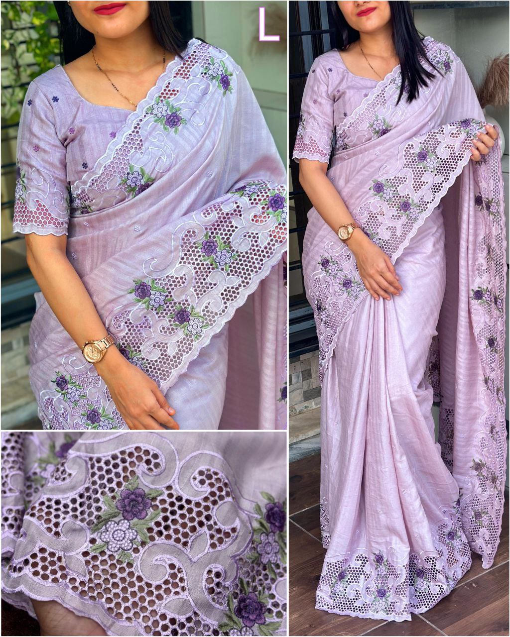 Multi-Thread Embroidery and Cutwork Tussar Cotton Saree with Blouse