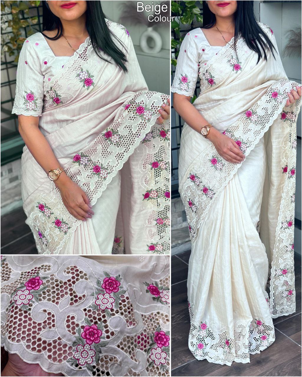 Multi-Thread Embroidery and Cutwork Tussar Cotton Saree with Blouse