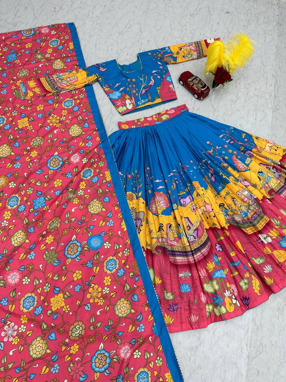 Kalamkari Cotton Lehenga Choli Set with Dupatta