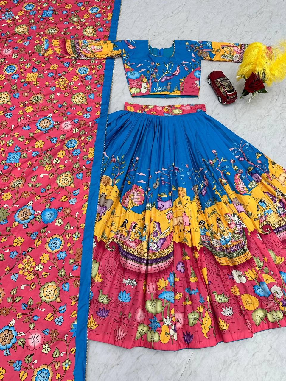 Kalamkari Cotton Lehenga Choli Set with Dupatta