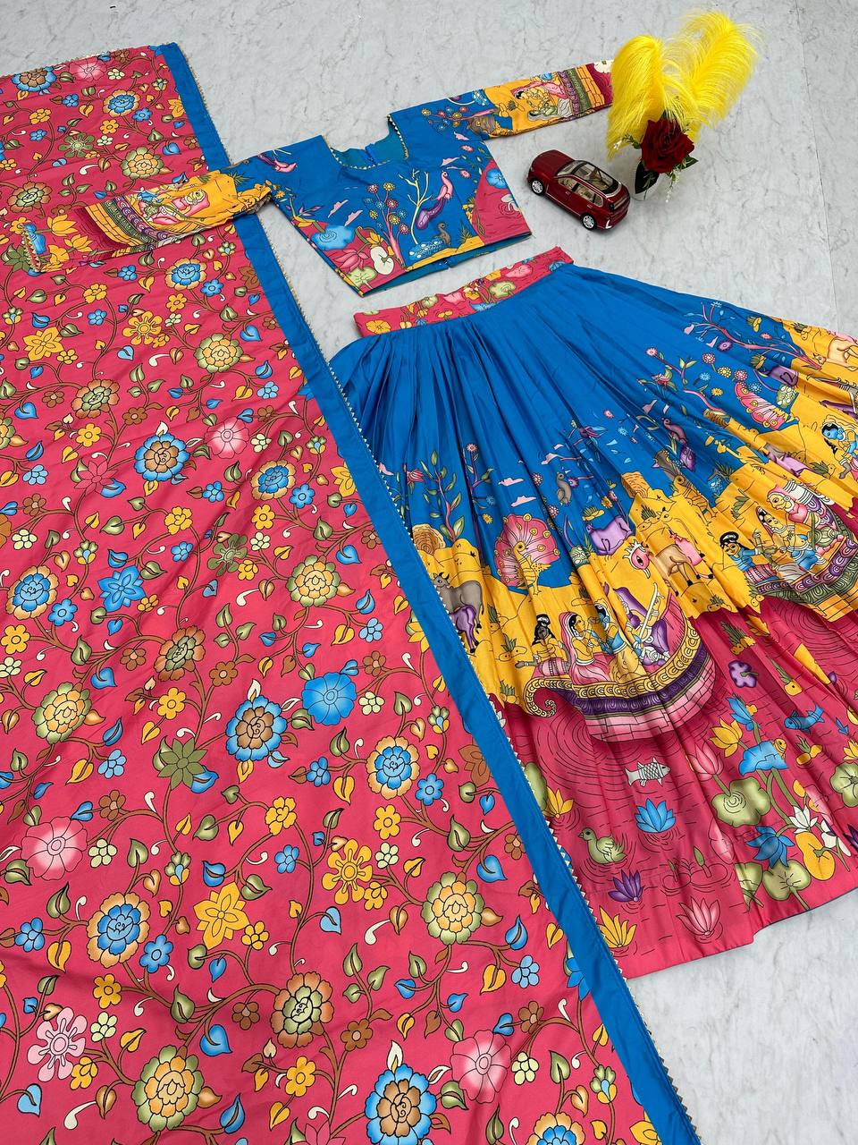 Kalamkari Cotton Lehenga Choli Set with Dupatta