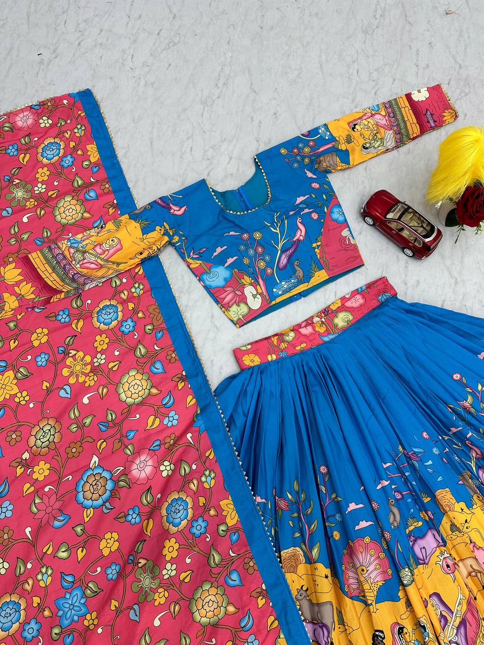 Kalamkari Cotton Lehenga Choli Set with Dupatta