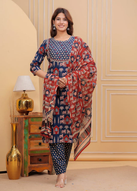 Katha Handwork Ajrakh Printed Cotton Kurta Pant Set