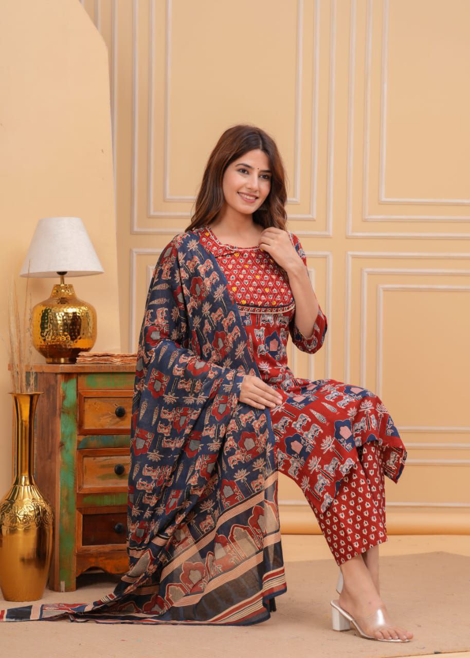 Katha Handwork Ajrakh Printed Cotton Kurta Pant Set