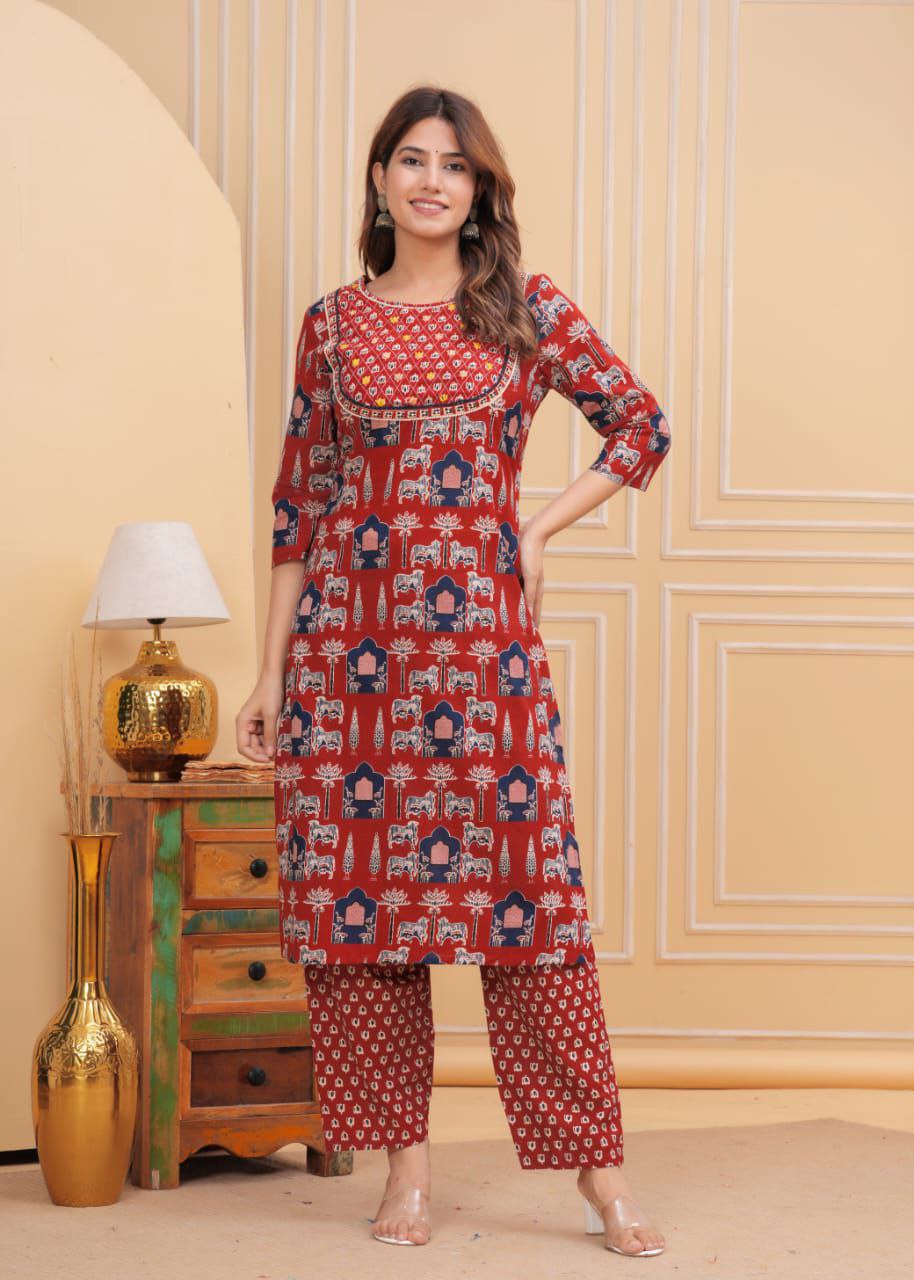 Katha Handwork Ajrakh Printed Cotton Kurta Pant Set