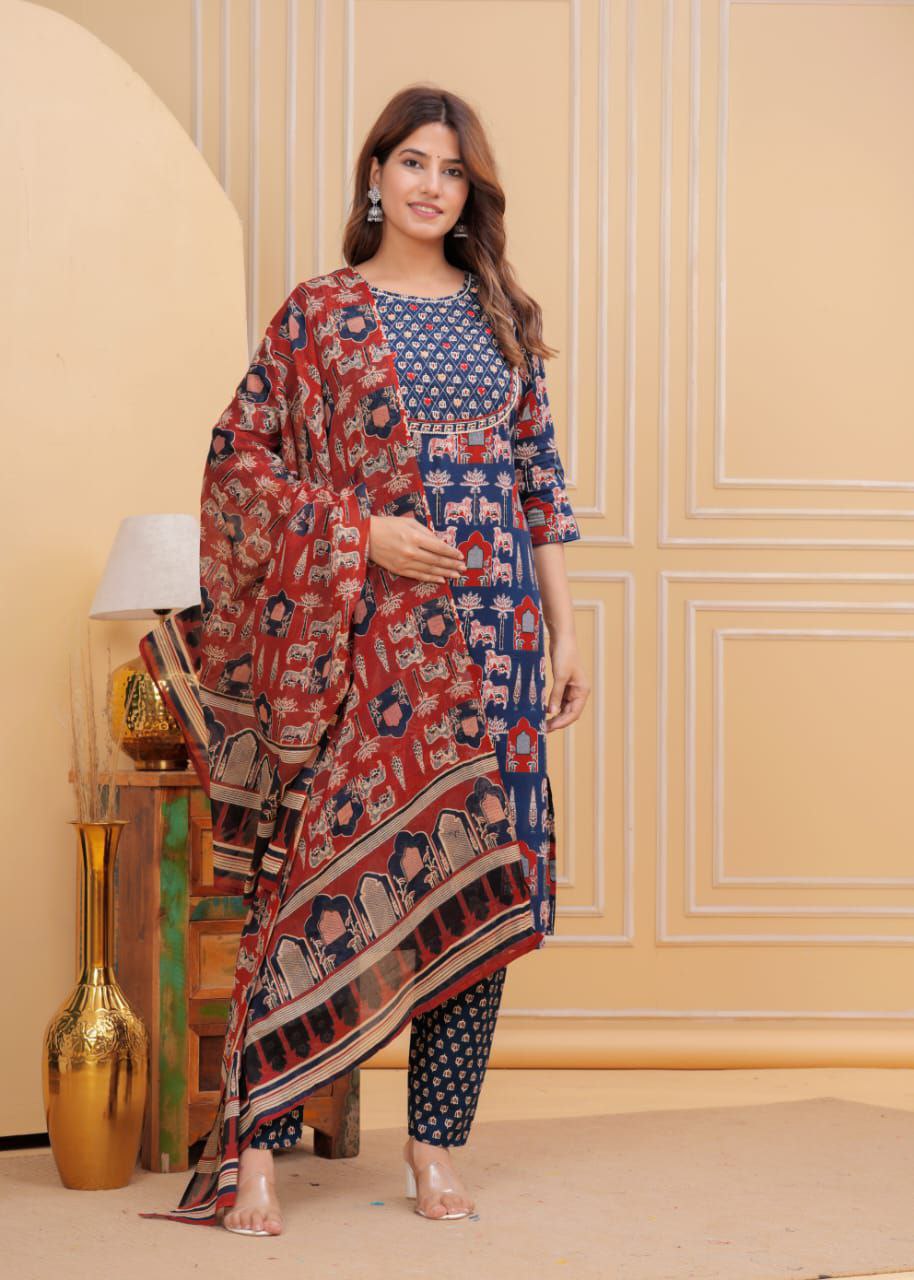 Katha Handwork Ajrakh Printed Cotton Kurta Pant Set