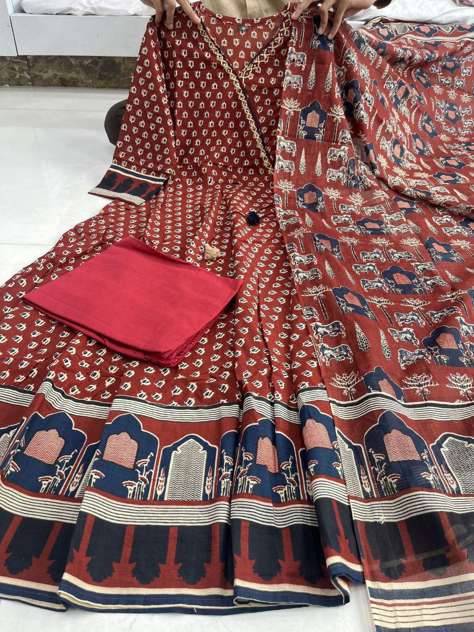 New Anarkali Ajrakh Style Heavy Pure Cotton Kurta Suit Set