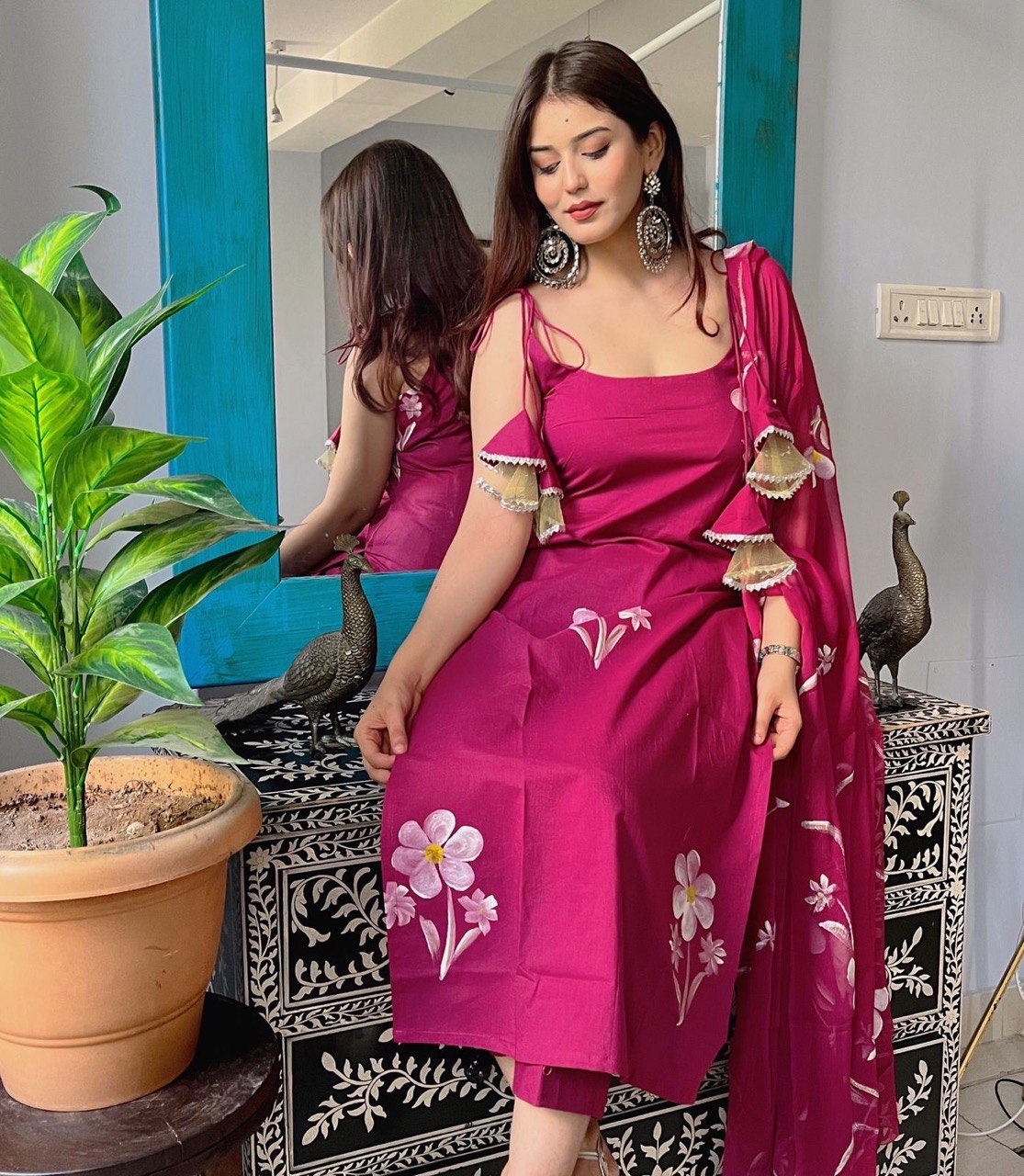 Exclusive Floral Hand Painted Georgette Straight Cut Kurta Suit with Tassels & Butter Silk Bottom