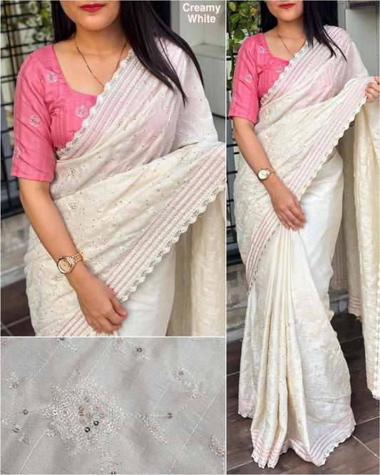 Multi-Thread Embroidery and Sequins Touchup Elegant Tussar Cotton Saree with Blouse