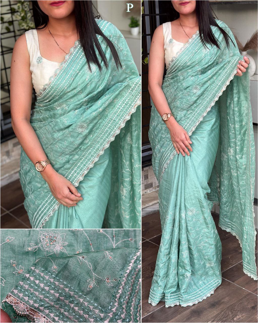 Multi-Thread Embroidery and Sequins Touchup Elegant Tussar Cotton Saree with Blouse