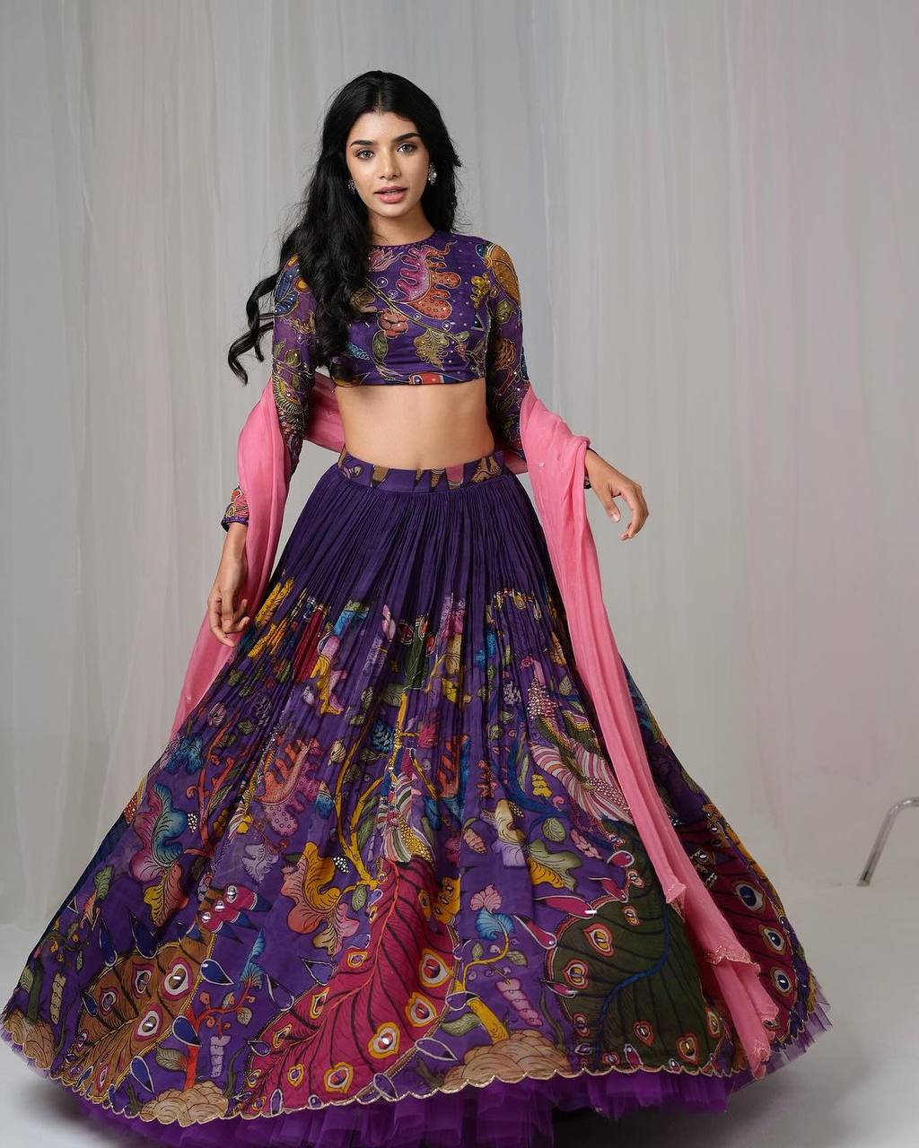 Kalamkari Printed Chinon Lehenga Choli Set with Full Sleeve Stitched Blouse