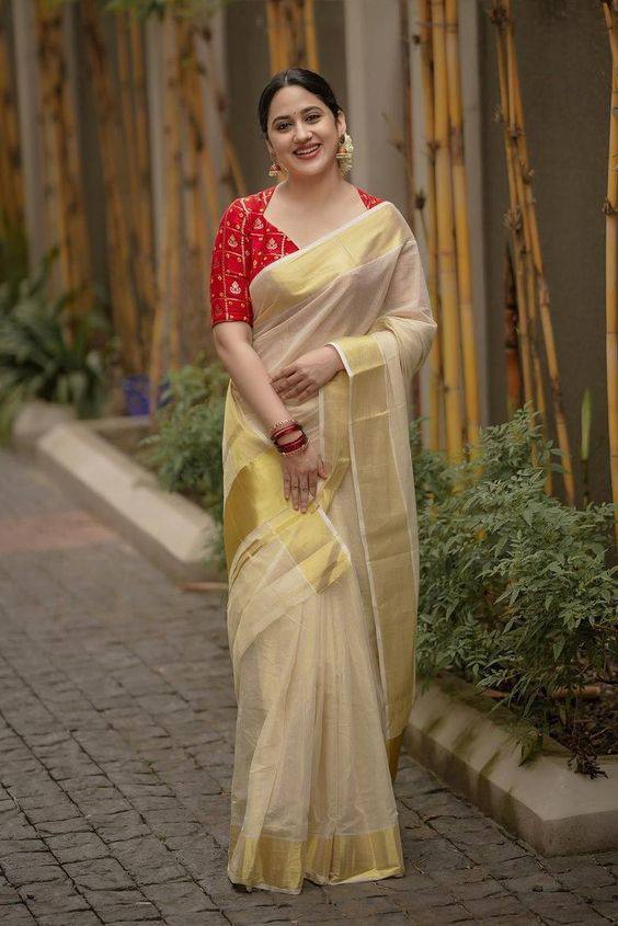 New South Indian Zari & Thread Work Super Soft Gold Banarasi Tissue Silk Saree with Blouse