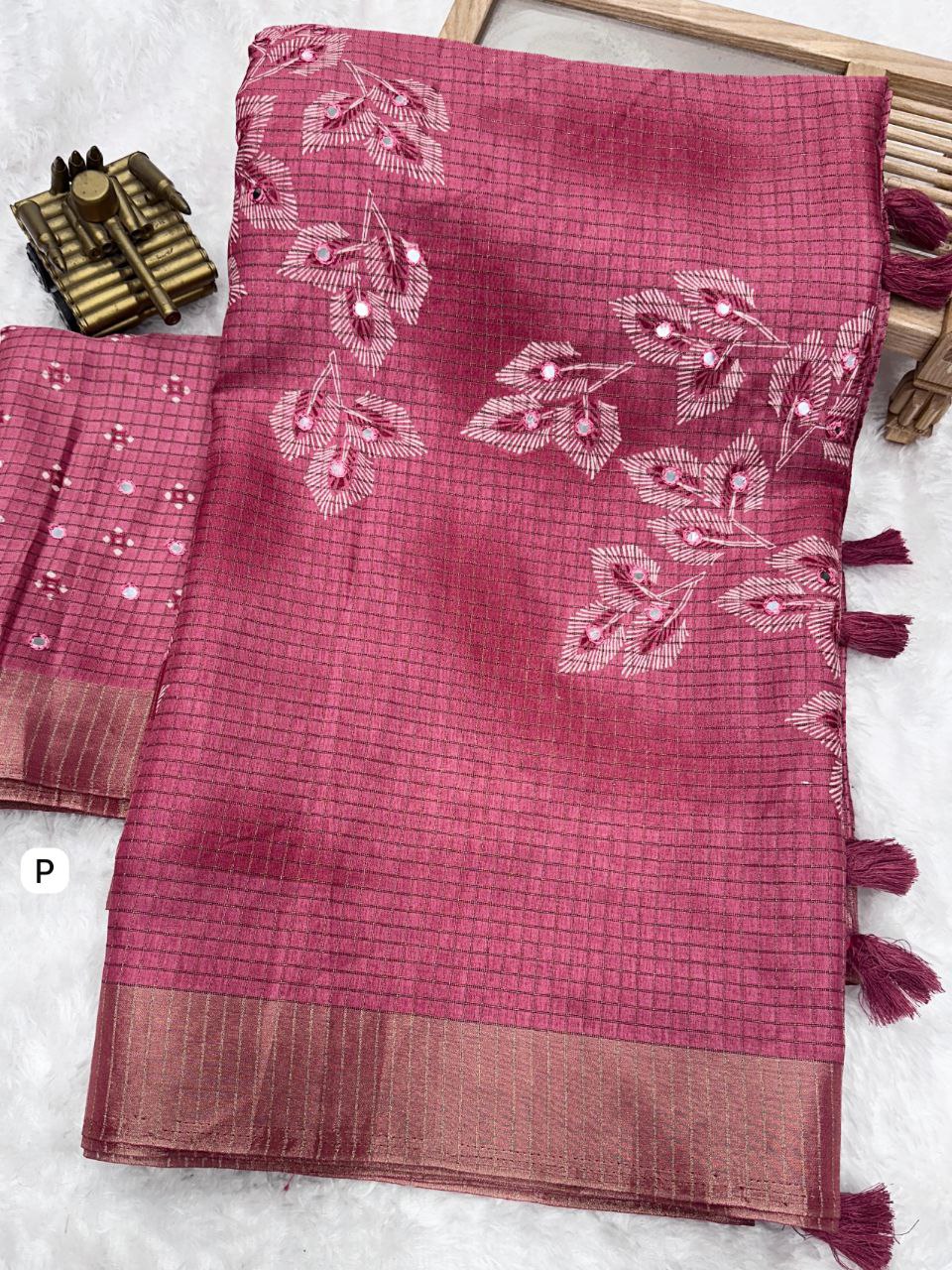 Muslin Cotton Zari Jacquard Checkered Saree with Tassels & Gotta Patti Mirror Work