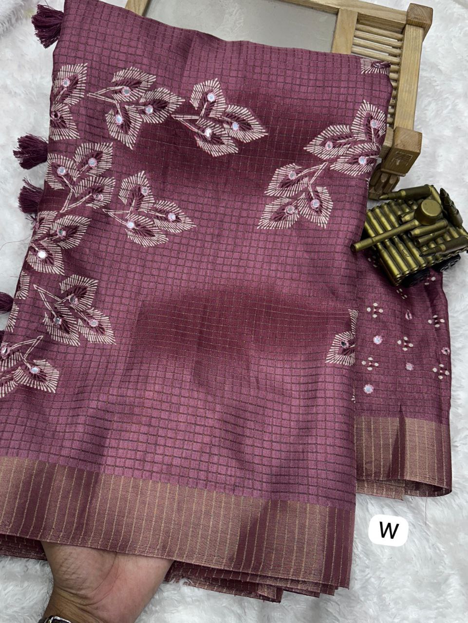 Muslin Cotton Zari Jacquard Checkered Saree with Tassels & Gotta Patti Mirror Work