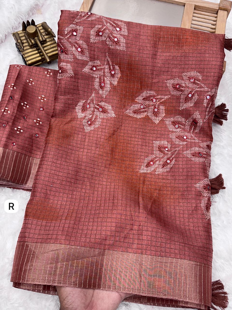 Muslin Cotton Zari Jacquard Checkered Saree with Tassels & Gotta Patti Mirror Work