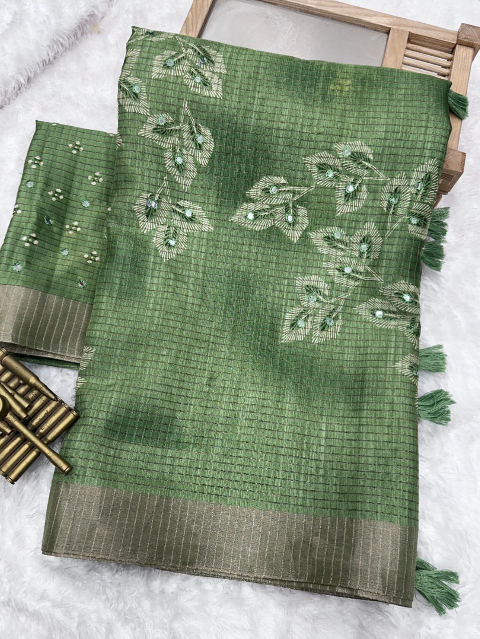 Muslin Cotton Zari Jacquard Checkered Saree with Tassels & Gotta Patti Mirror Work