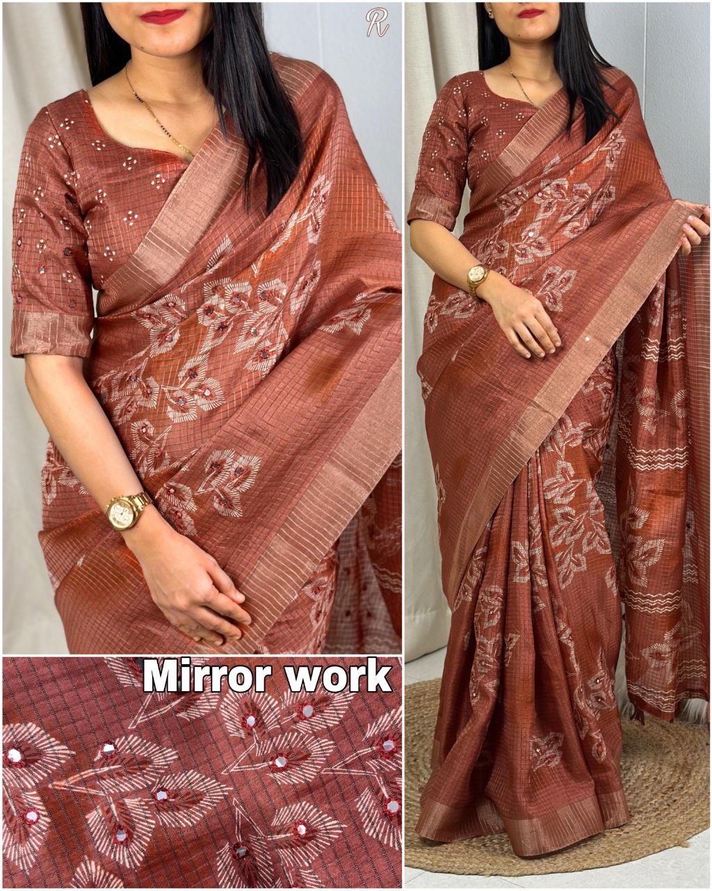 Muslin Cotton Zari Jacquard Checkered Saree with Tassels & Gotta Patti Mirror Work