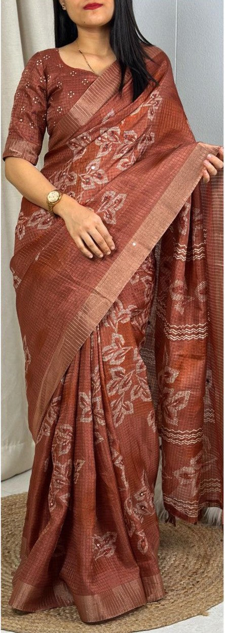 Muslin Cotton Zari Jacquard Checkered Saree with Tassels & Gotta Patti Mirror Work