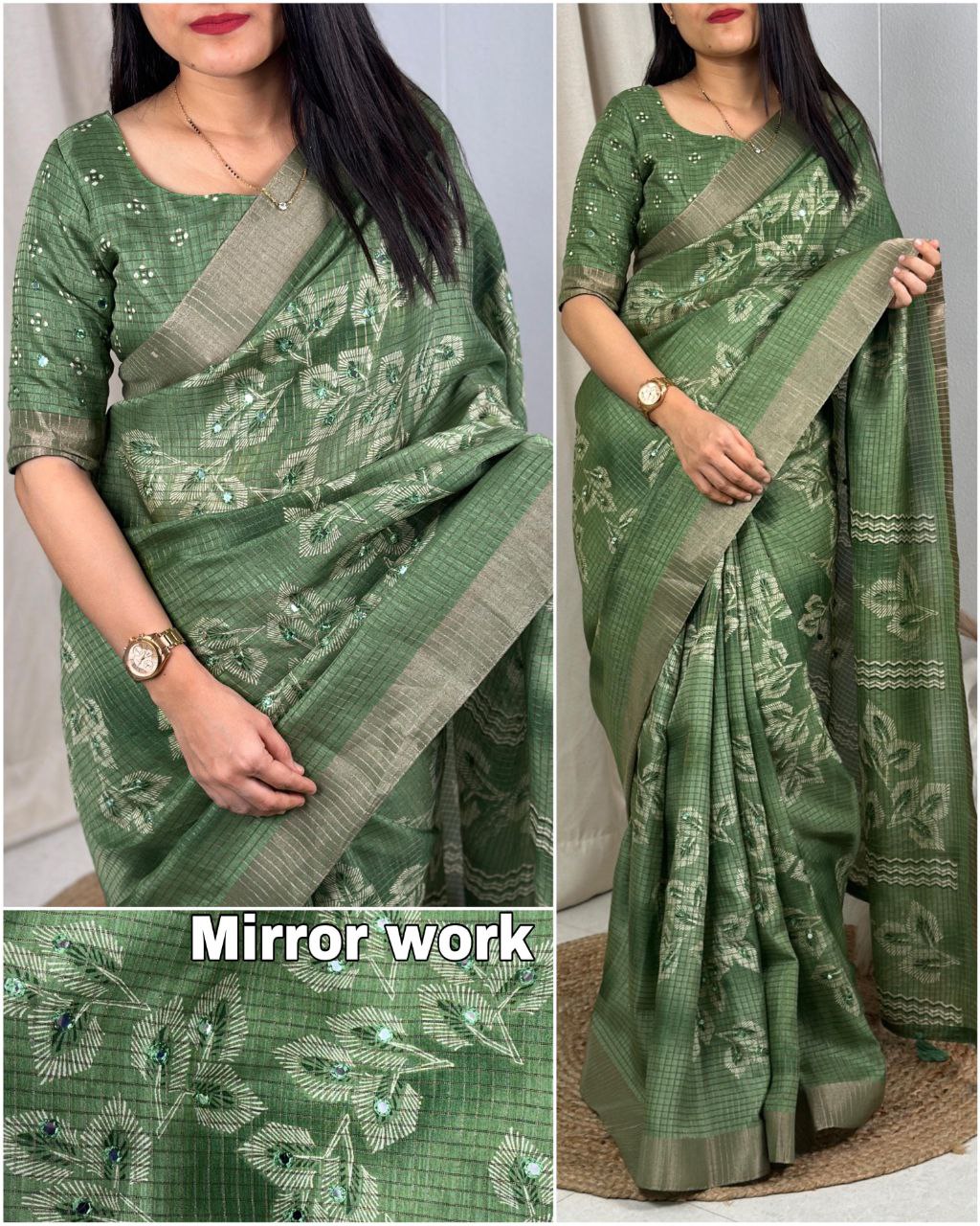 Muslin Cotton Zari Jacquard Checkered Saree with Tassels & Gotta Patti Mirror Work